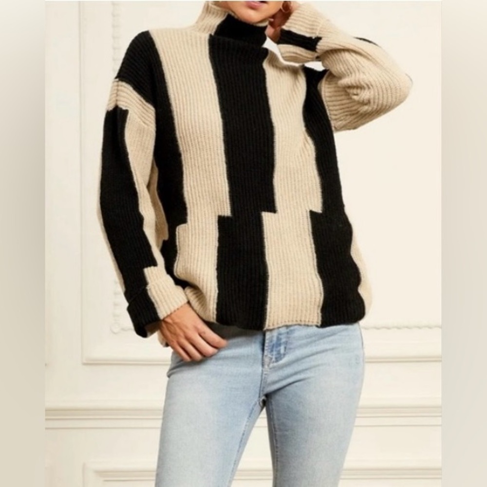 STYLEWE knitted striped turtleneck cuffed long sleeve black cream NEW size 2XL